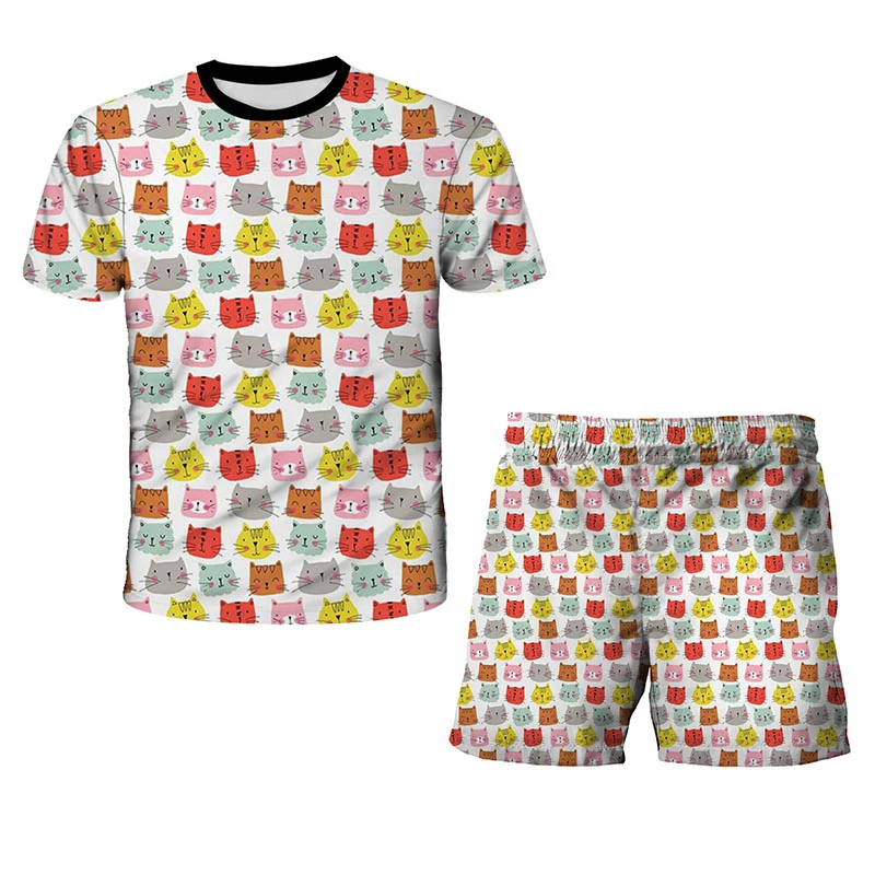 

3D Animal Printed Sets For Children Boy Girl 2021 Summer Hot Sale Short Sleeve Cat T-Shirt Funny Cute Kawaii Kids Clothes 4-14T