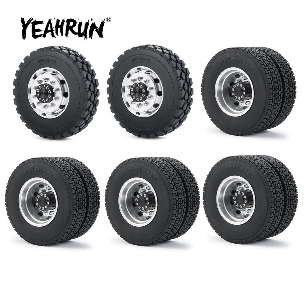 

YEAHRUN 6Pcs CNC Metal Alloy Front & Rear Wheel Rims +22mm/25mm Rubber Tires for Tamiya 1/14 RC Trailer Tractor 6x6 Truck Parts
