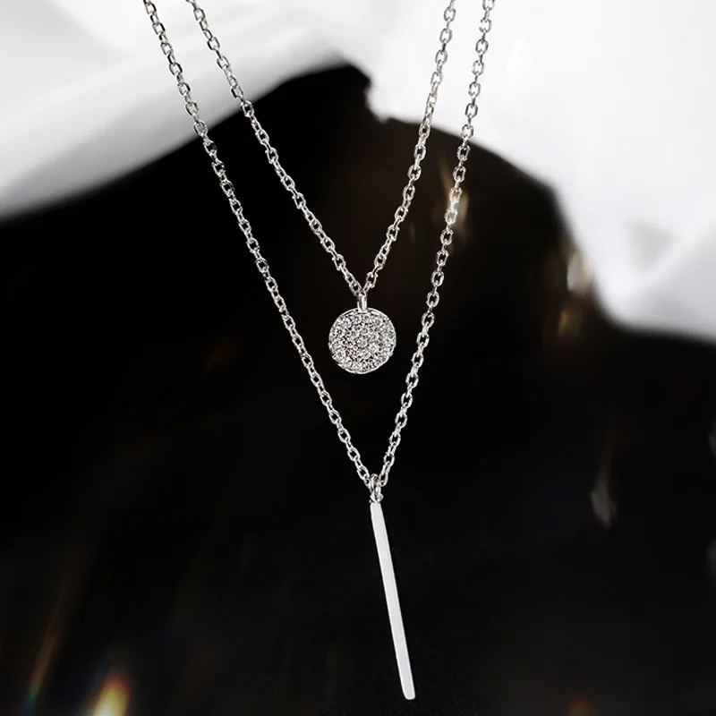 

Original 925 Sterling Silver Double Layer Choker Necklace Round Shiny Full Zircon Long Pendant Beautiful Women Fine Jewelry