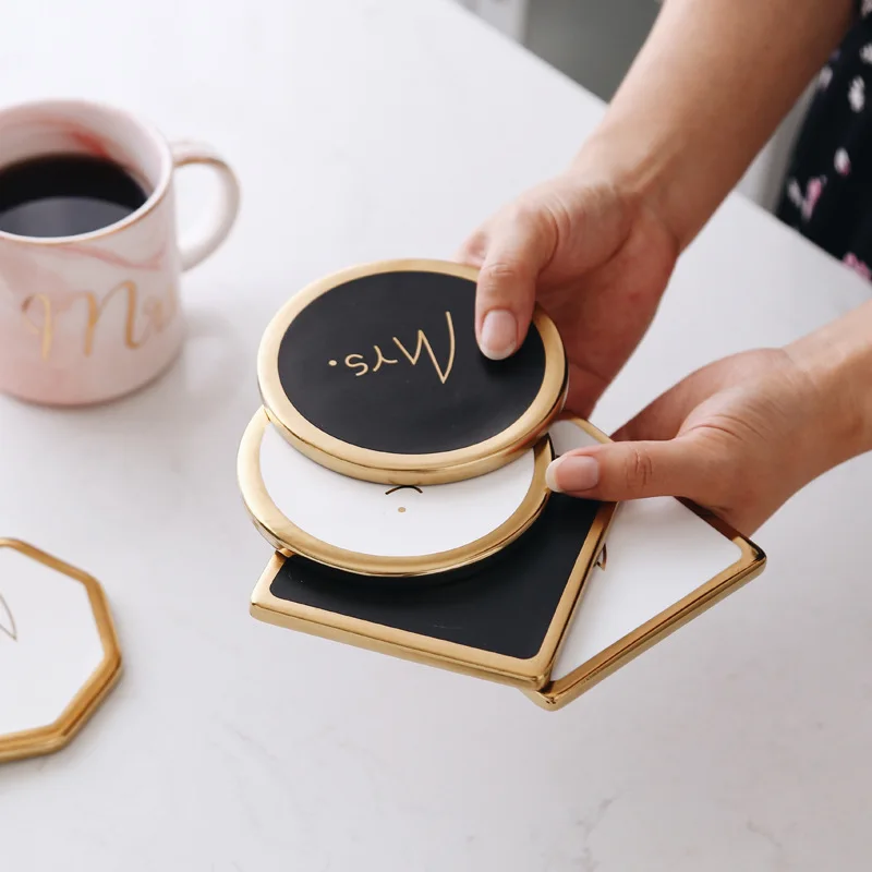 Ceramic Coasters Gold Rimmed Heat Insulation Hot Table Cork Non Slip | Дом и сад