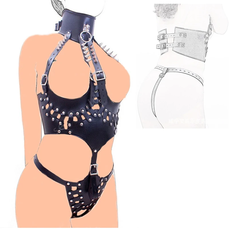 БДСМ из PU искусственной кожи цвета: черный черной с открытым груди бюстгальтер и