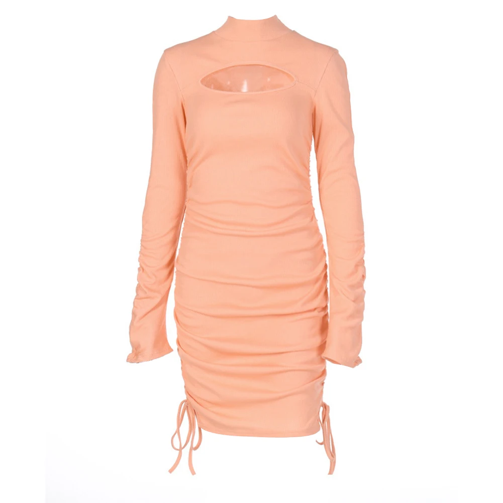 

Women Solid Color Dress, Long Sleeve High Collar Side Drawstring Dress Fashion Hollow Clothes