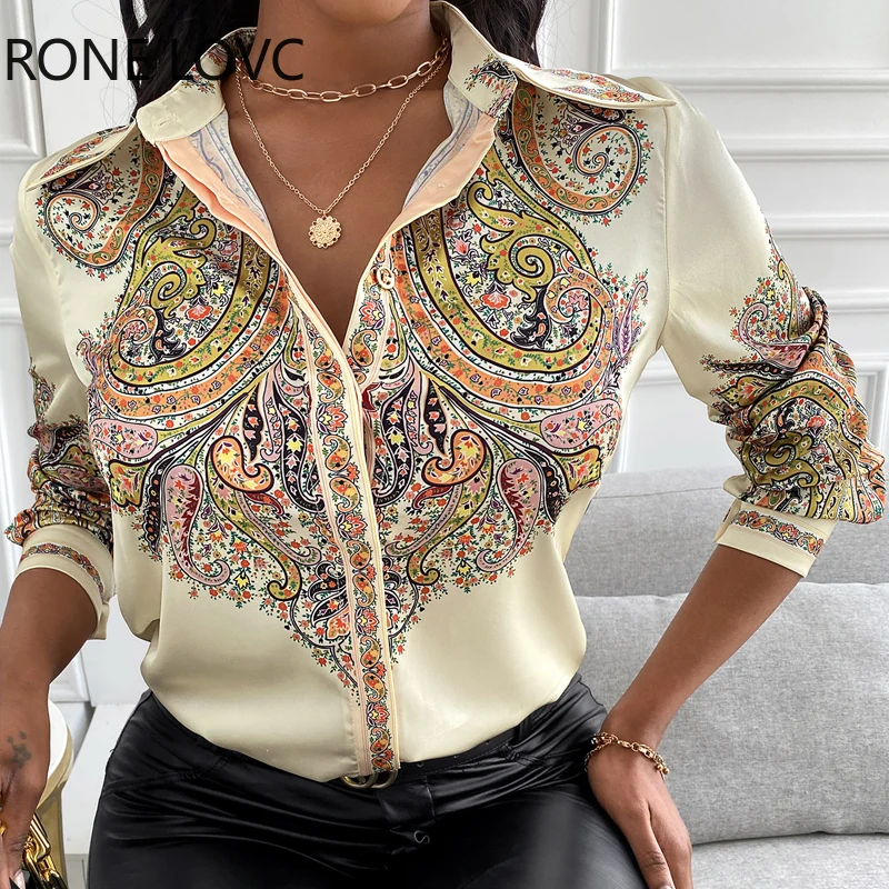 

Women Paisley Print Long Sleeve Satin Shirt Spring Tops and Blouses