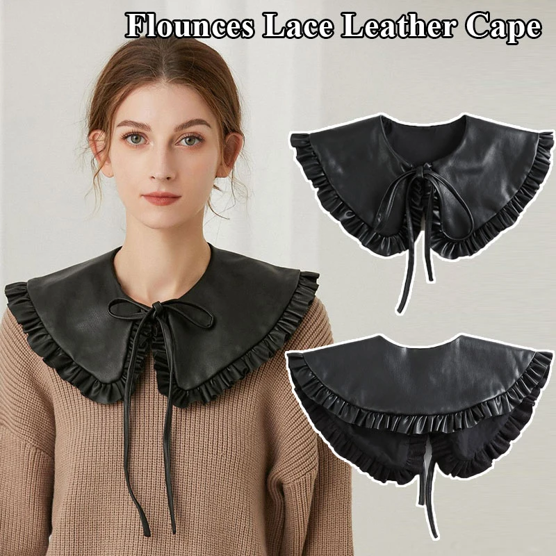 

Black Faux Leather Fake Collar Shawl Shoulder Wrap Decor Women False Collar Woman Lolita Lapel Detachable Neckline Tie Neckwear