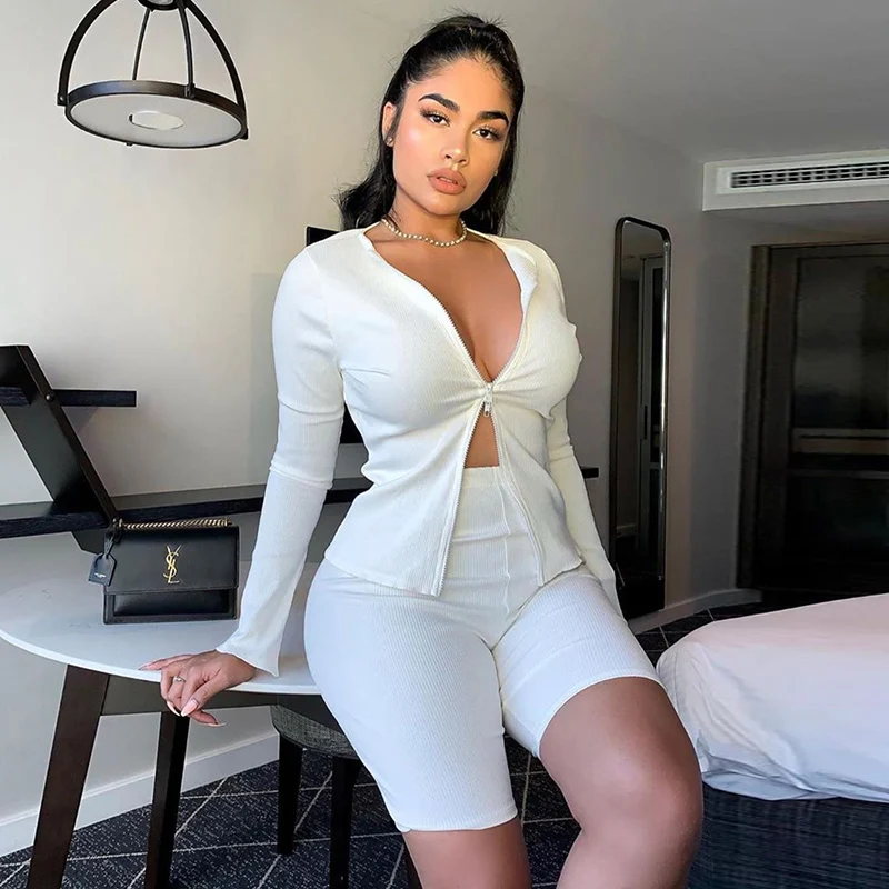 White NewAsia Garden Double Zipper Two Piece Set T Shirt And Shorts Matching Sets Women Ribbed Long Sleeves Two Piece Outfits Black - Цвет: White