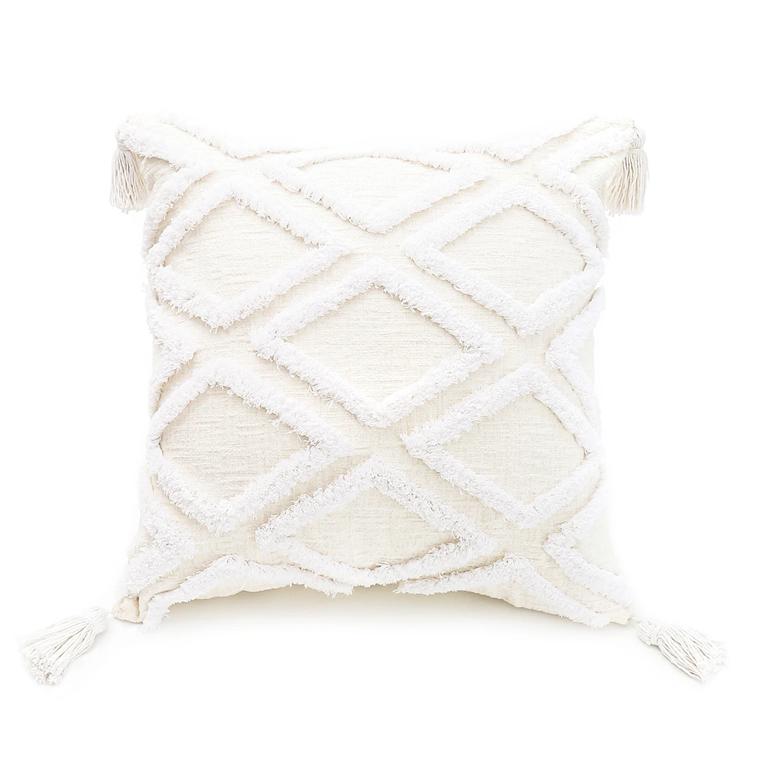 

Boho Throw Pillow Cover with Tassels Moroccan Tufted Decorative Cream White Chenille Cushion Case for Couch 45x45/30x50cm