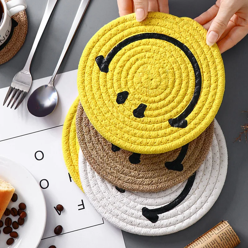 

Cotton Thread Coaster Handmade Braid Mat Heat Resistant Cup Pad Cute Smiley Non-slip Placemats Tablemat Kitchen Accessories