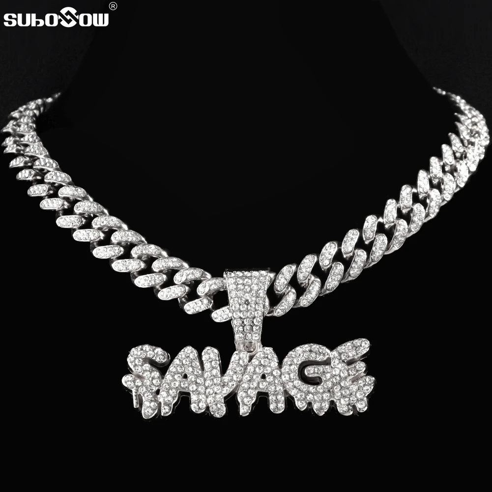 

Hip Hop Chunky SAVAGE Letters Pendant Necklace For Men Iced Out 13mm Miami Cuban Chain Necklaces Male Fashion Rhinestone Jewelry