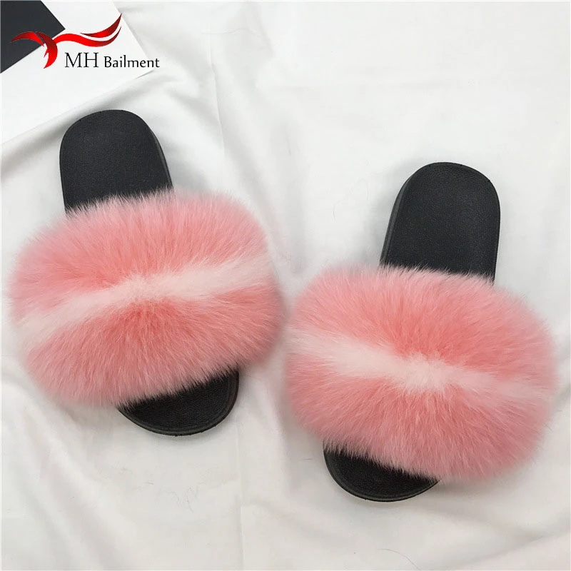 Женские меховые шлепанцы сланцы из натурального Лисьего меха Нескользящие для