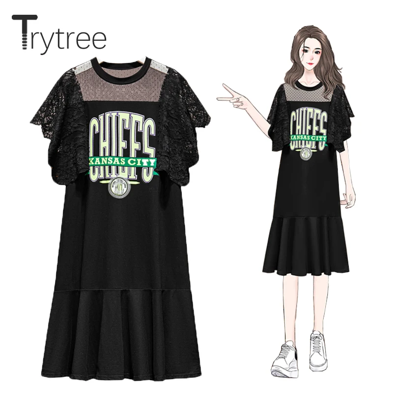 

Летнее женское платье Trytree, повседневное кружевное лоскутное платье с круглым вырезом и рукавами-фонариками, черное платье из смеси хлопка ...
