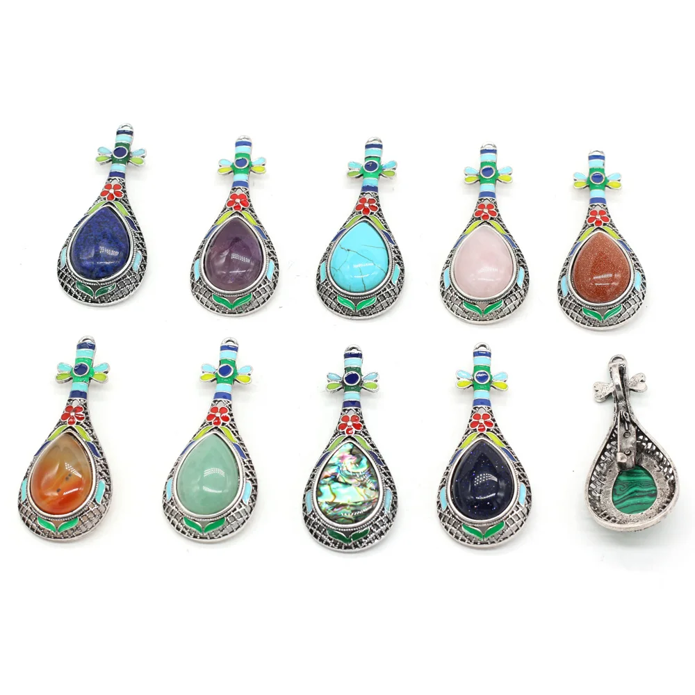 

Natural Stone Brooches Pipa Shape Alloy Pendant Crystal Agates Stone Pendant Charms for Jewelry Making Necklace Bracelet