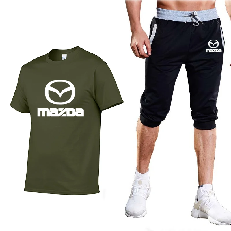 

Summer Men's Suit Mazda Car Logo casual Cotton Mens Short Sleeve Crew neck Simple atmosphere Mens T-Shirt Pants Suit 2Pcs