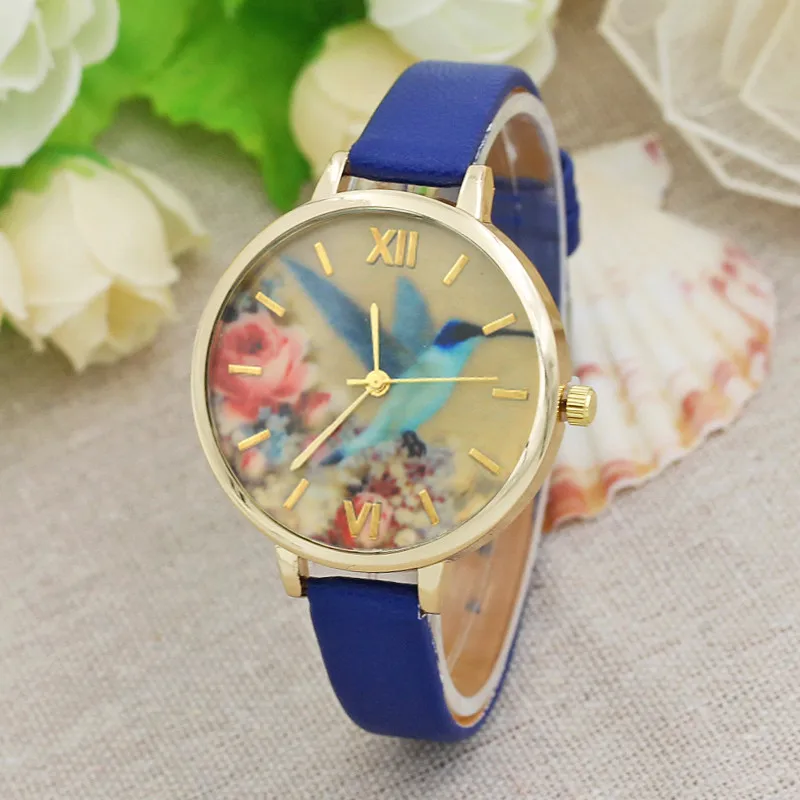 

Women Retro Watch Leather Strap Blue Hummingbird Band Analog Quartz Movement Wrist Watch Hour Reloj Gifts