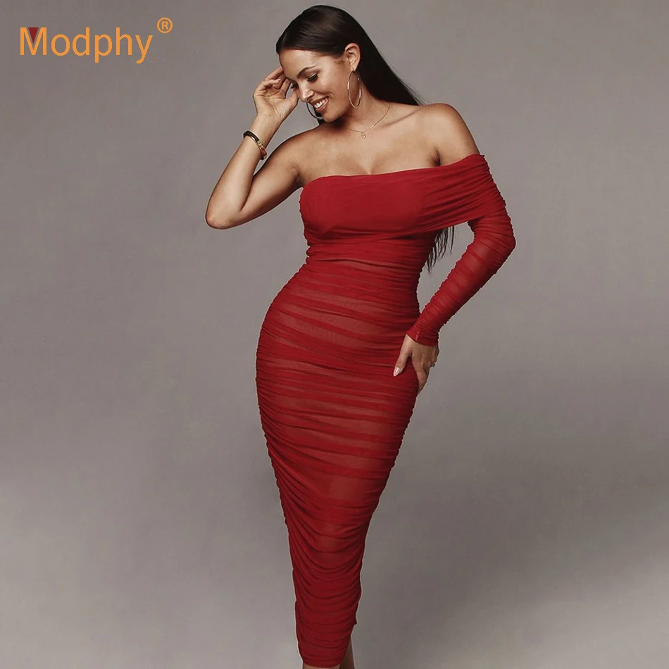 2019 Fashion Midi Women'S Bandage Dress Winter New Sexy One Shoulder Long Sleeve Bodycon Club Celebrity Evening Party Vestidos | Женская