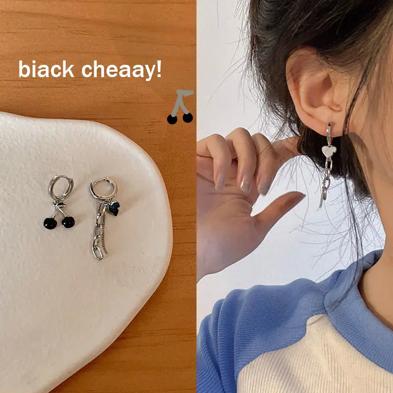 

Женские асимметричные серьги-подвески Y2K, черные асимметричные серьги в форме вишни с металлической цепочкой, ювелирные украшения, 2021