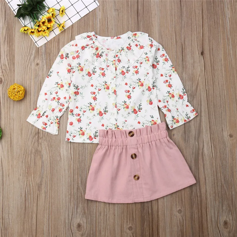 

Toddler Baby Girl Clothes Sets Flower Print Flare Long Sleeve Tops Pink Mini Skirt 2Pcs Outfits Spring Autumn Clothing 2021