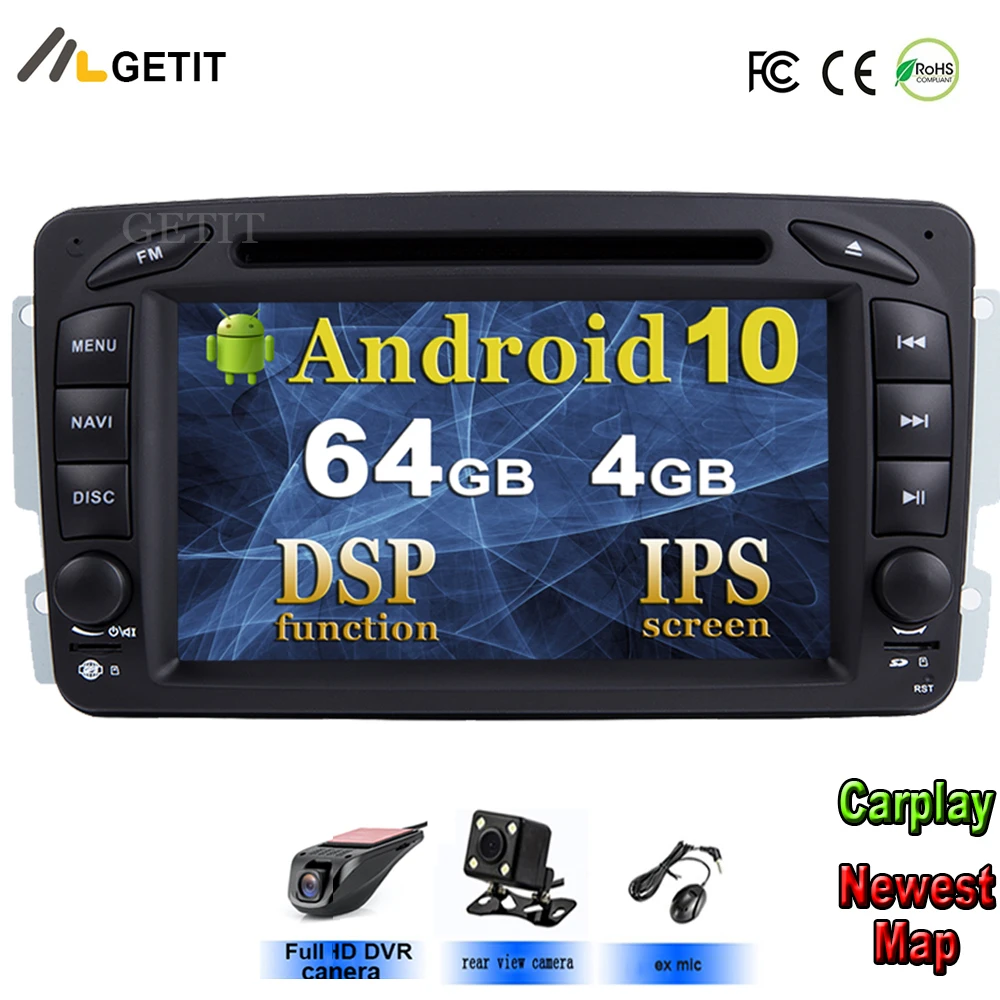 Автомагнитола на Android 10 DVD плеер для Mercedes/Benz/W209/W203/M/ML/W163/Viano/W639/Vito с GPS Навигатором BT