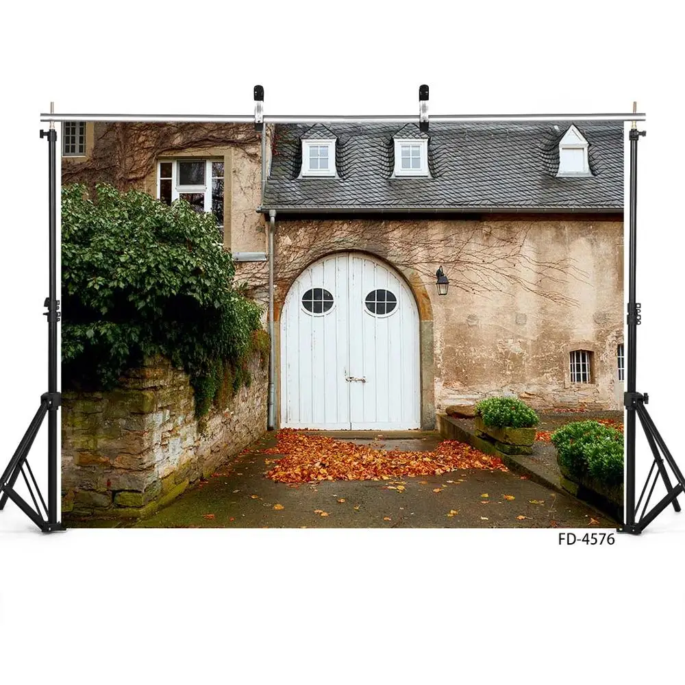 Осенний фон с изображением упавших листьев винтажный двери дома детский для