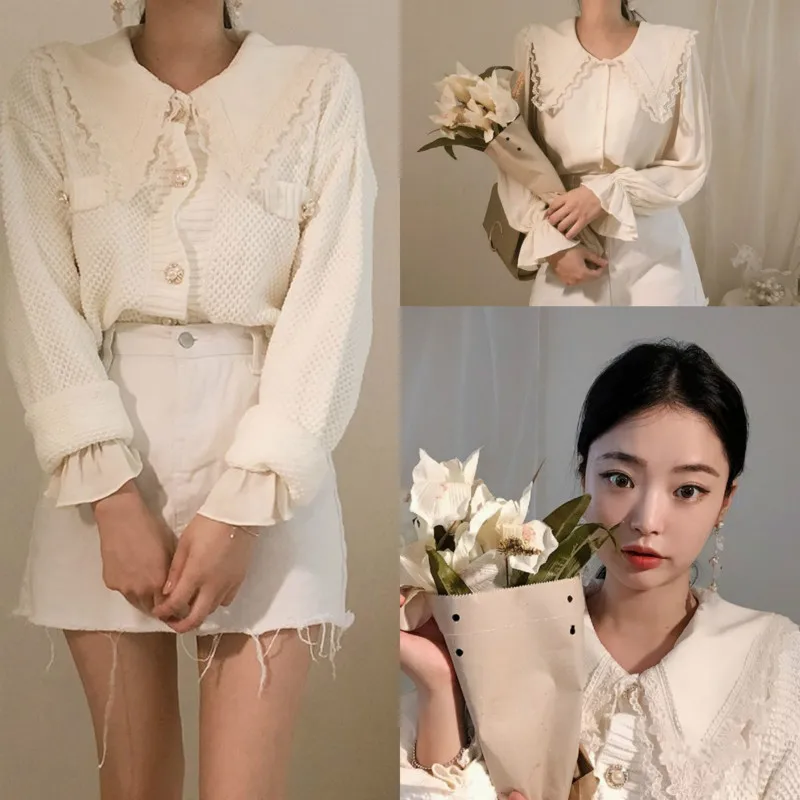 Women Autumn Winter Long Sleeve White Sweater Pearl Button Elegant Knitted Cardigan Pull Femme Jersey Mujer Swetry Damskie |