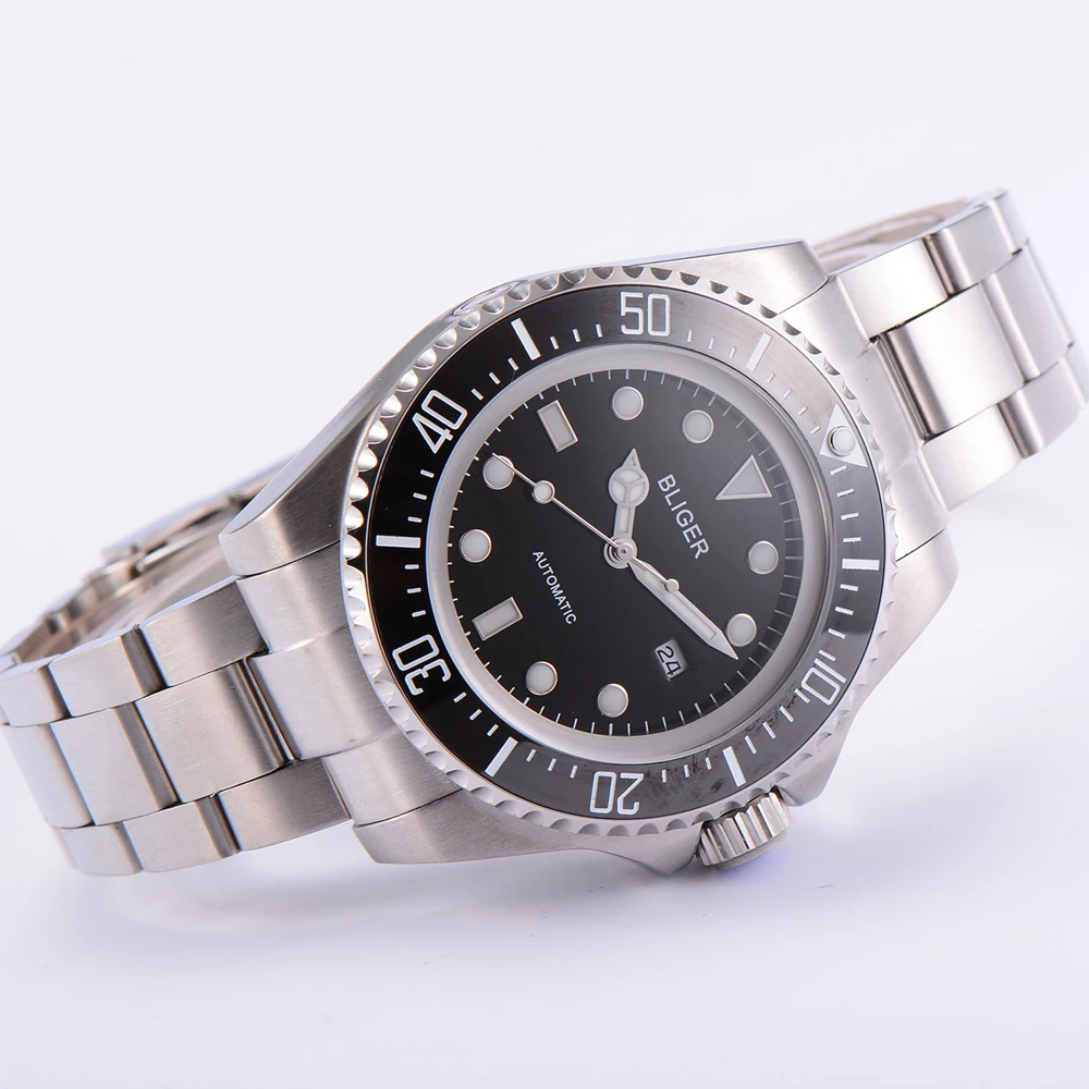 Мужские автоматические механические часы BLIGER 44 мм с черным циферблатом