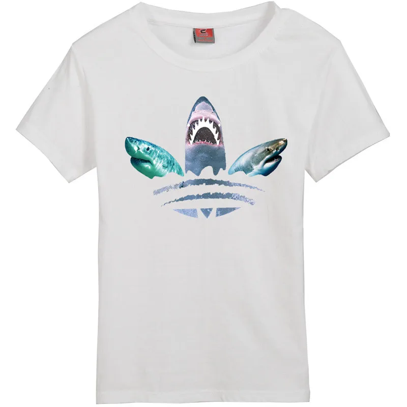 Летняя футболка с принтом для женщин хлопковая белая акулы и круглым воротником