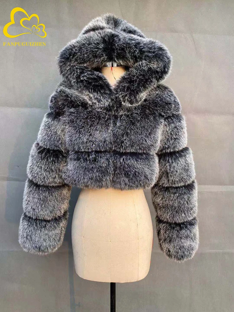 Winter Warm Fluffy Faux Fur Coats Jackets Women High Quality Fake Fur Cropped Jackets with Hooded Winter Fur Jacket