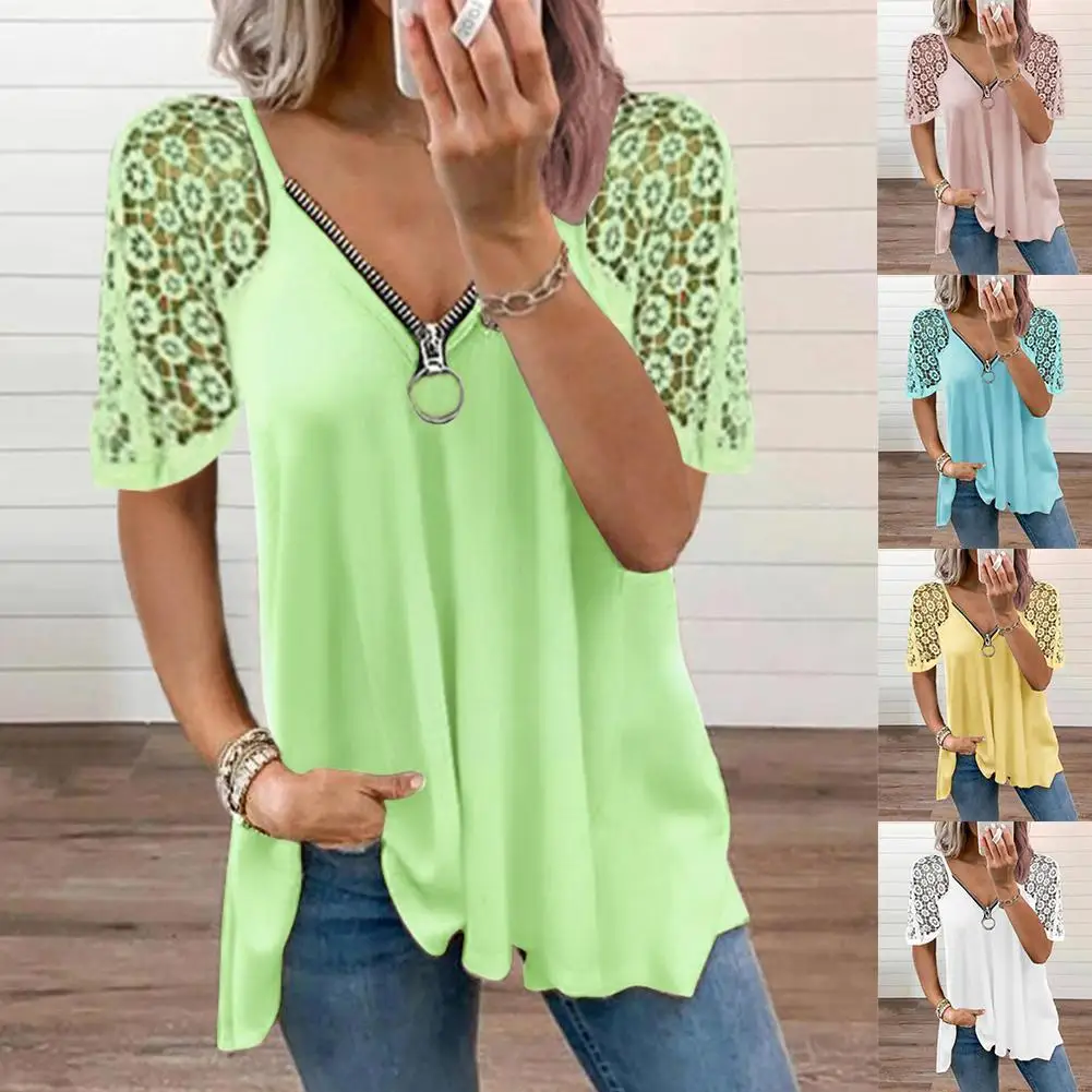 

1 Pc Short Sleeve Lace Stitching Short-sleeved 2021 Zipper Loose Fashion Neck T-shirt Yellow Summer New V Sexy Pink Blue Gr G3h0