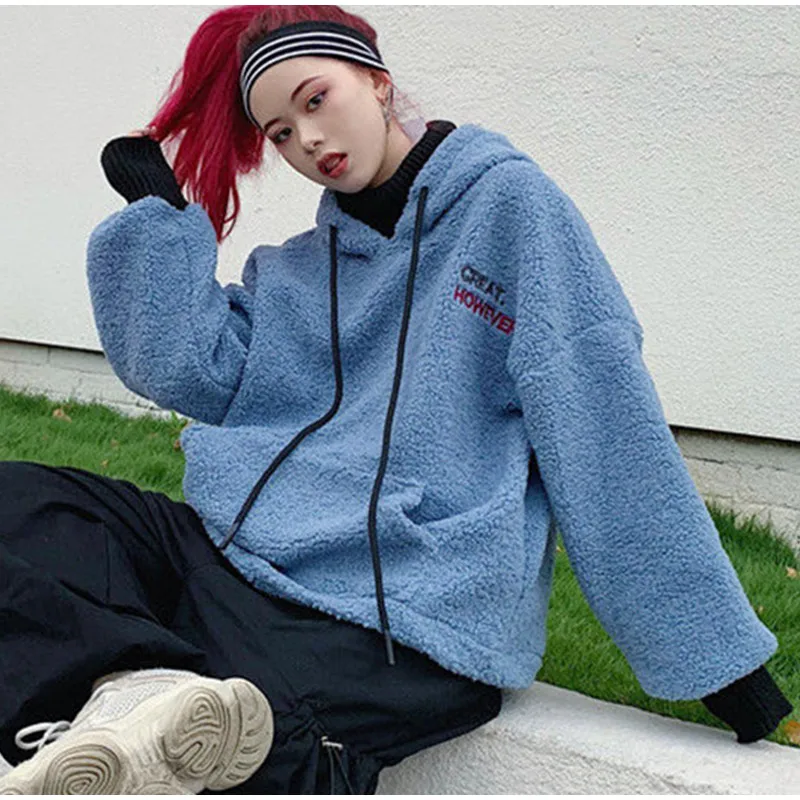 

2021 Autumn Winter Women Warm Lamb Wool Fake Two-piece Hoodies Female Solid Fashion Casual Long Sleeve Letter Printed Pullover