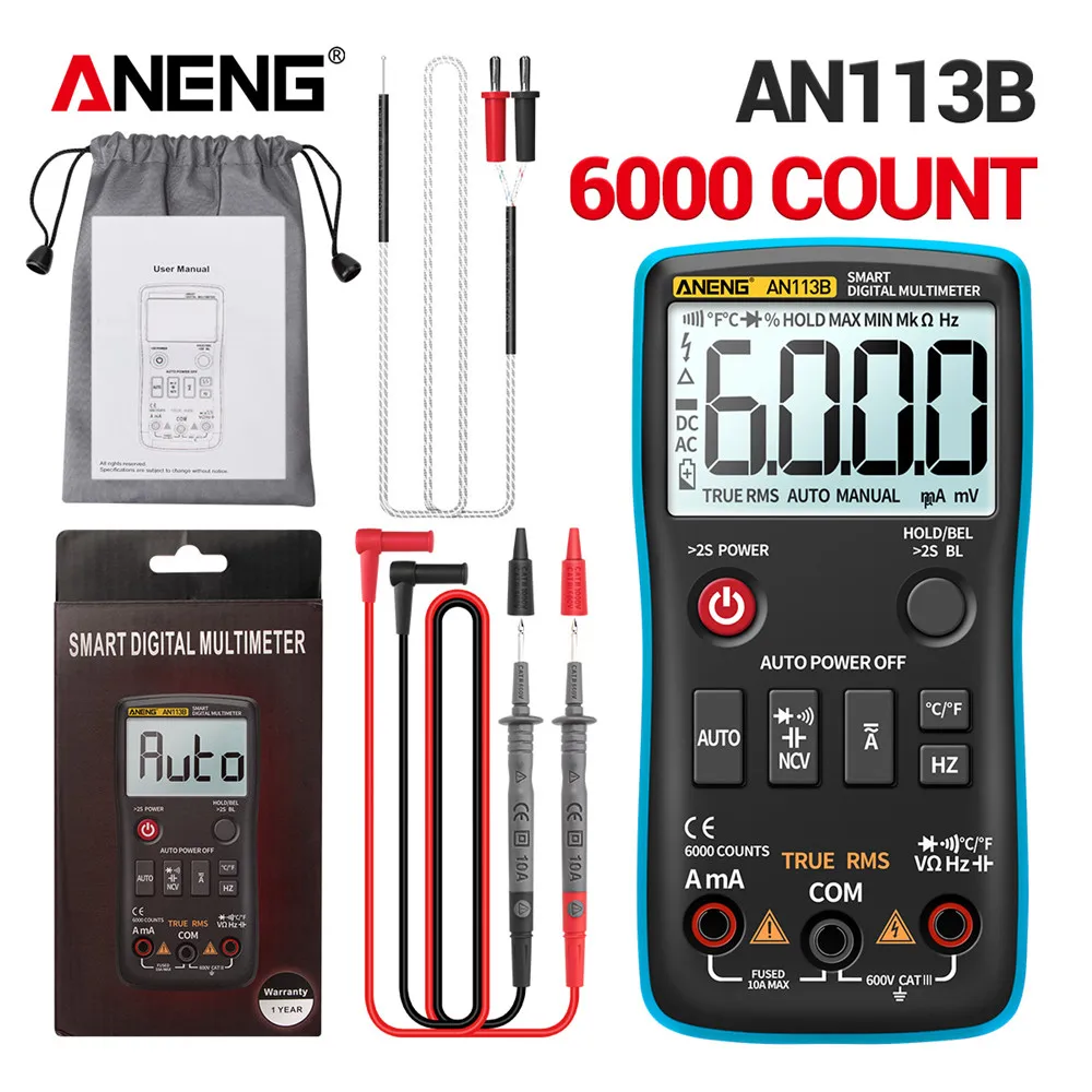 

ANENG AN113B 6000 Counts Digital Multimeter True RMS with Temperature Tester Auto-Ranging AC/DC Transistor Voltage Meter New