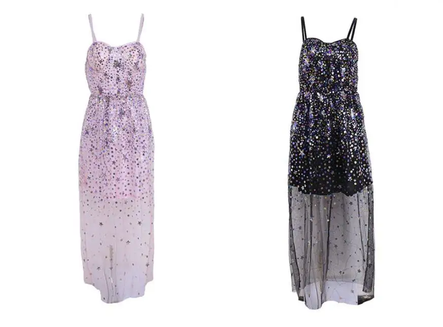 

Ball Gown Dress Women Colored Sequin Evening Party Spaghetti Straps Mesh Patchwork Transparent Charm Lady Vestidos Woman Clothes