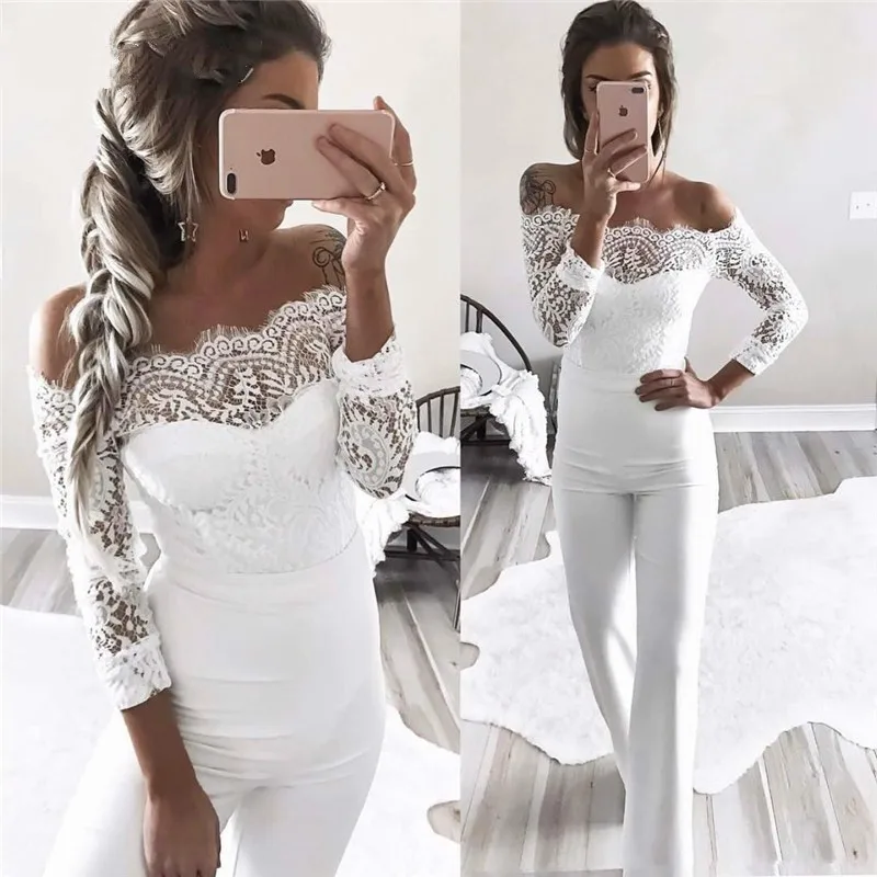 

Elegant Off shoulder Lace Rompers Womens Summer Jumpsuit Sexy Ladies Casual Long Trousers Overalls White Jumpsuit