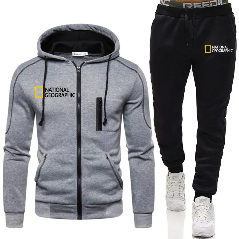 

Autumn Winter National Geographic Mens Sets Zipper Sportswear Tracksuits 2 Piece Sets Men Hoodies+Pants Sets Male Streetswear