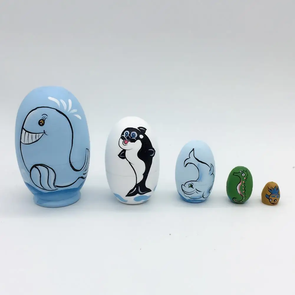 

5Pcs/Set Wood Russian Nesting Dolls Animal Dolphin Hand Painted Dolls Matryoshka Kids Toy Gift Crafted Doll Home Decor