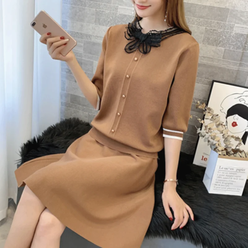 Женский комплект 2 шт. вязаный костюм Ms. Fashion тонкая рубашка вышитый свитер сумка бедра бахрома половина юбка из двух частей женская одежда