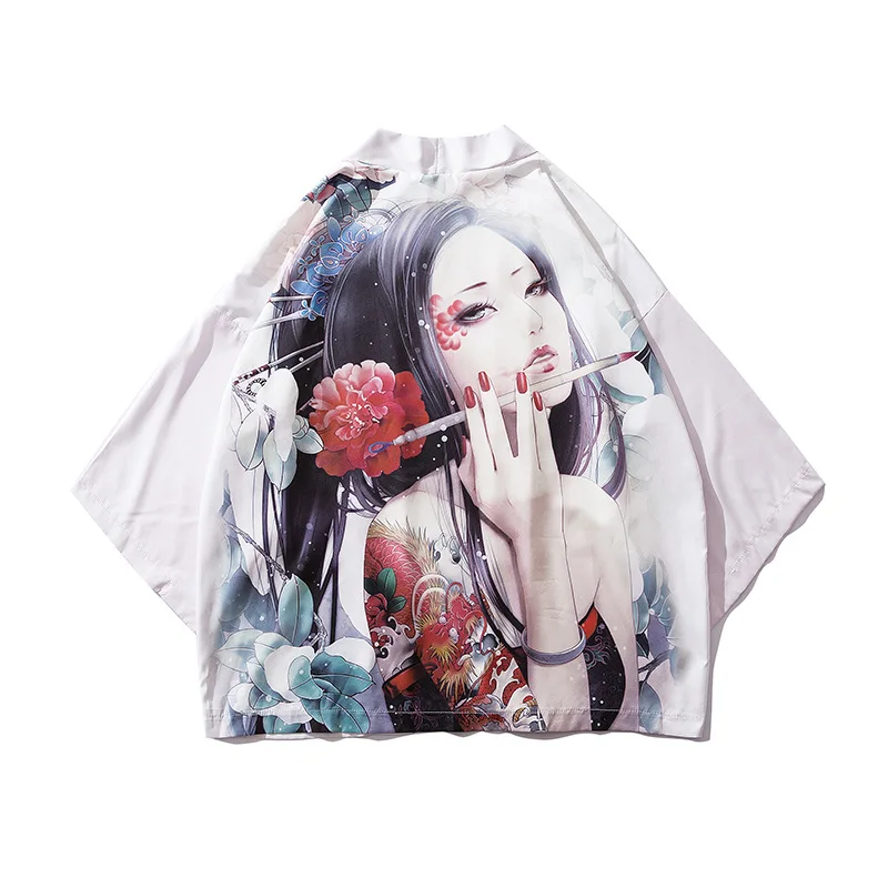 

Китайские японские традиционные костюмы мужской кран печати белый солнцезащитный кардиган Haori пальто женское кимоно юката Ukiyo-e наряды