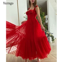 verngo red polka dots tulle a line short prom dress 2021 spaghetti straps tied bow shoulder tea length party formal gowns