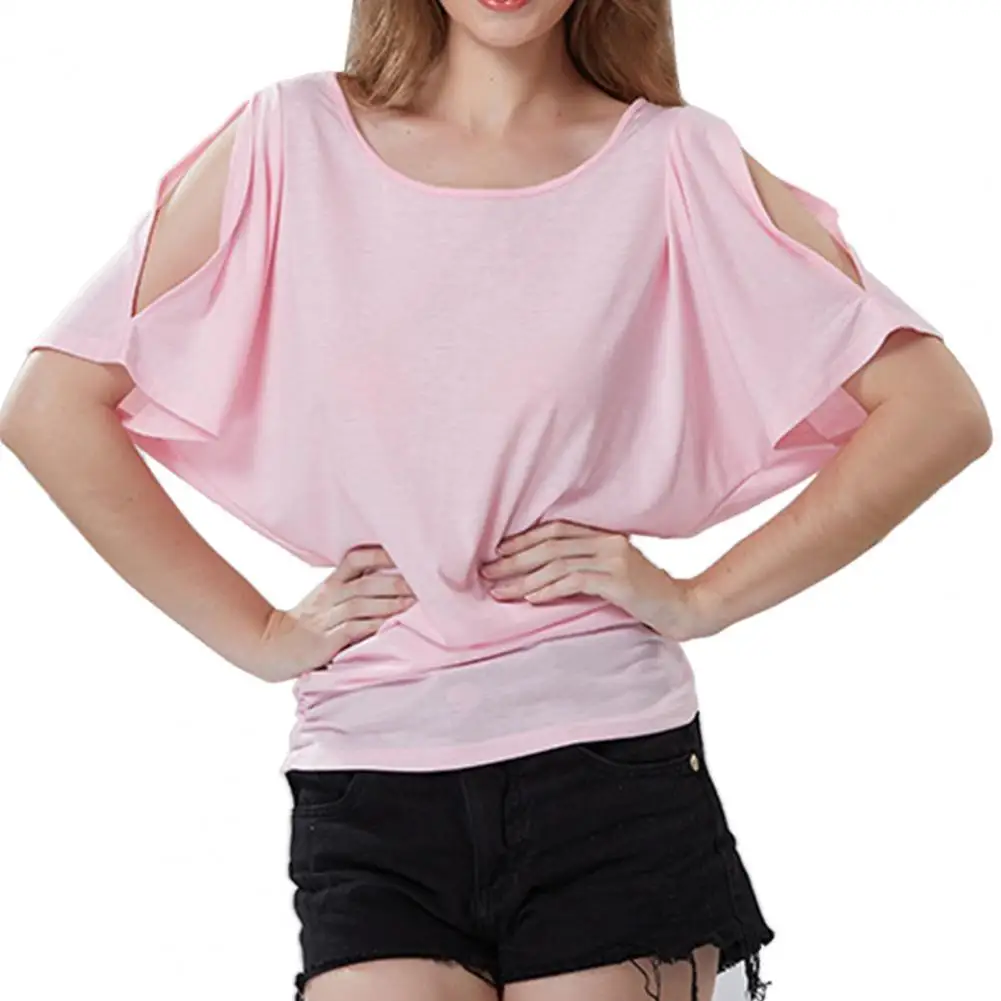 

Женская блузка с коротким рукавом летучая мышь, топы с открытыми плечами, женский модный однотонный свободный облегающий подол, сексуальны...