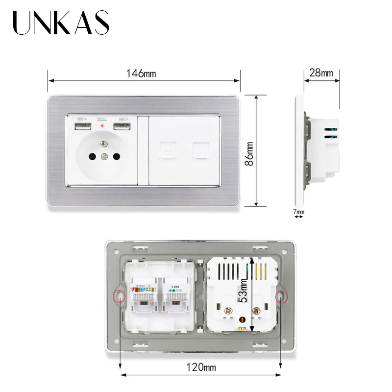 Французская стандартная розетка UNKAS с панелью из нержавеющей стали 2 USB-портами +