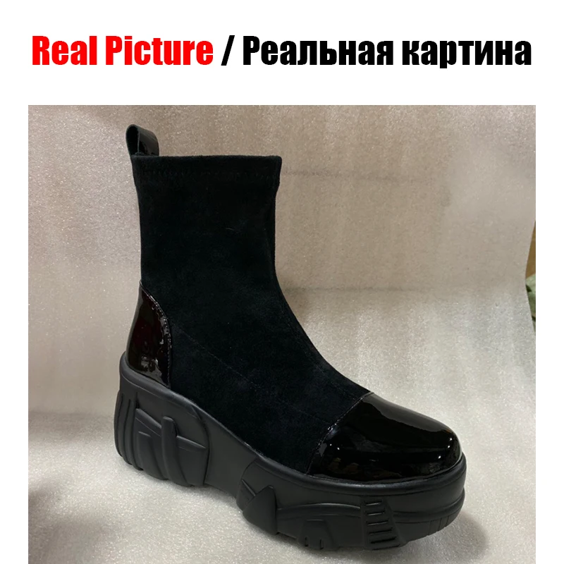 DORATASIA/ г., новые модные эластичные ботильоны из натуральной кожи женская обувь на высокой платформе женские ботинки на танкетке