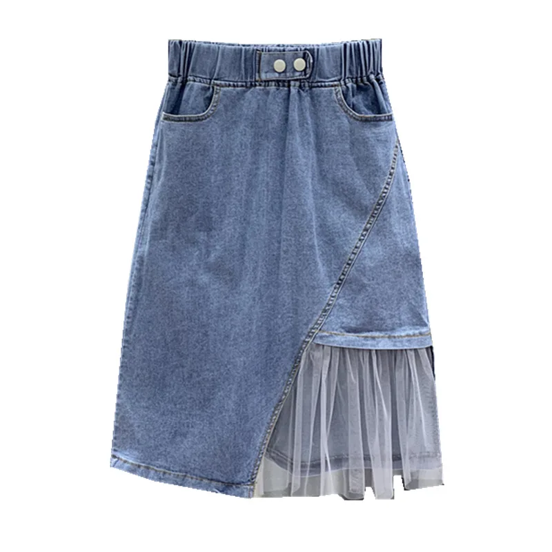 

Summer A-line Denim High Waist Blue Skirts for Women 2021 Grey Mesh Pleated Patchwork Elastic Waist Skirt Woman Korean Fashion