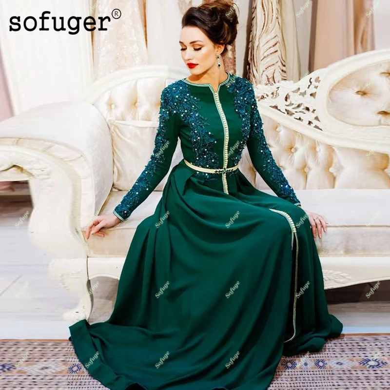 Green Muslim Moroccan Kaftan Mother of the Bride Dresses Appliques Dubai Saudi Vestido de Renda Suit Long Sleeves | Свадьбы и