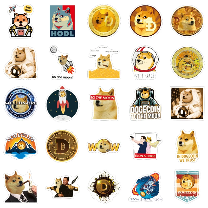 

10/50 Pcs/pack Virtual Currency Cartoon Dogecoin Graffiti Stickers For Skateboard Laptop Case Decals Helmet Luggage Scrapbook
