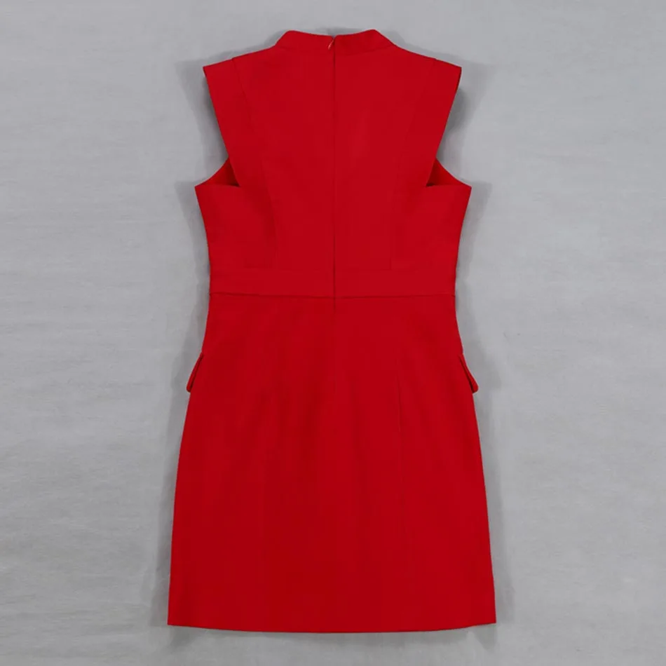 Женское двубортное мини платье облегающее без рукавов с V образным вырезом