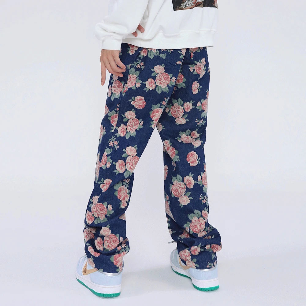Stylish Rose Flower Full Print Vintage Men Casual Baggy Jeans Trousers Hip Hop Washed Women Denim Pants Elegant Pantalon Homme