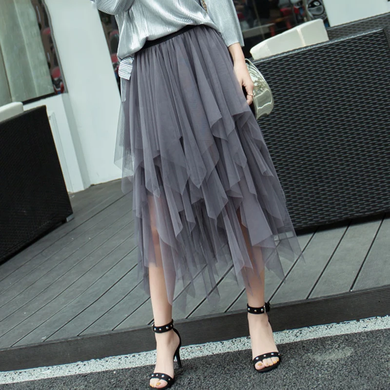 

Women Skirt Irregular Saia Pure Color Harajuku Female Skirts Vogue Vintage Black Gray Jupe Longue Fashion Chic Saias