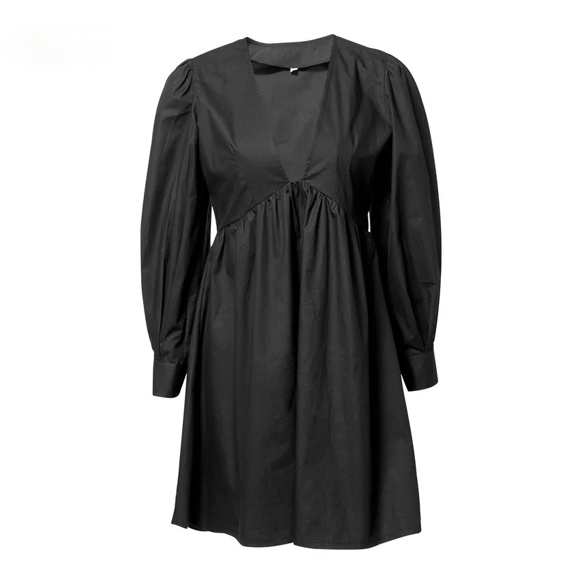 

2021 New Summer Sexy Deep V Neck Black Dress Women Puff Sleeve A Line Ladies Dress High Waist Casual Elegant White Dresses OL