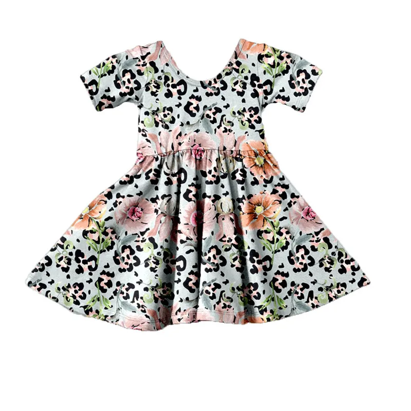 

New Summer Children Clothes Baby Girl Cotton Short Sleeve Leopard Flower Print Dress Casual Round Neck Boutique Kid Girl Dress