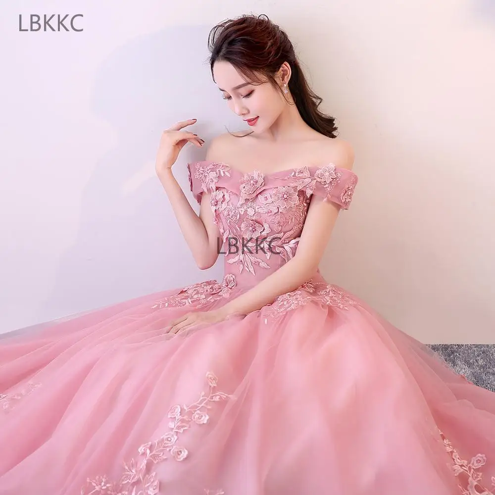Розовое платье для девушек милое Тюлевое с кружевом и жемчугом платья выпускного