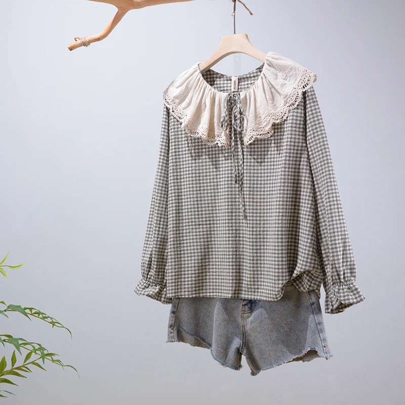 

Kawaii Japanese style plaid peter pan collar long sleeve shirt blouse