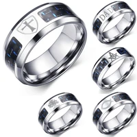 2020 titanium steel engraved dad tree of life cross rings fashion blue carbon fiber ring for men women drop shipping